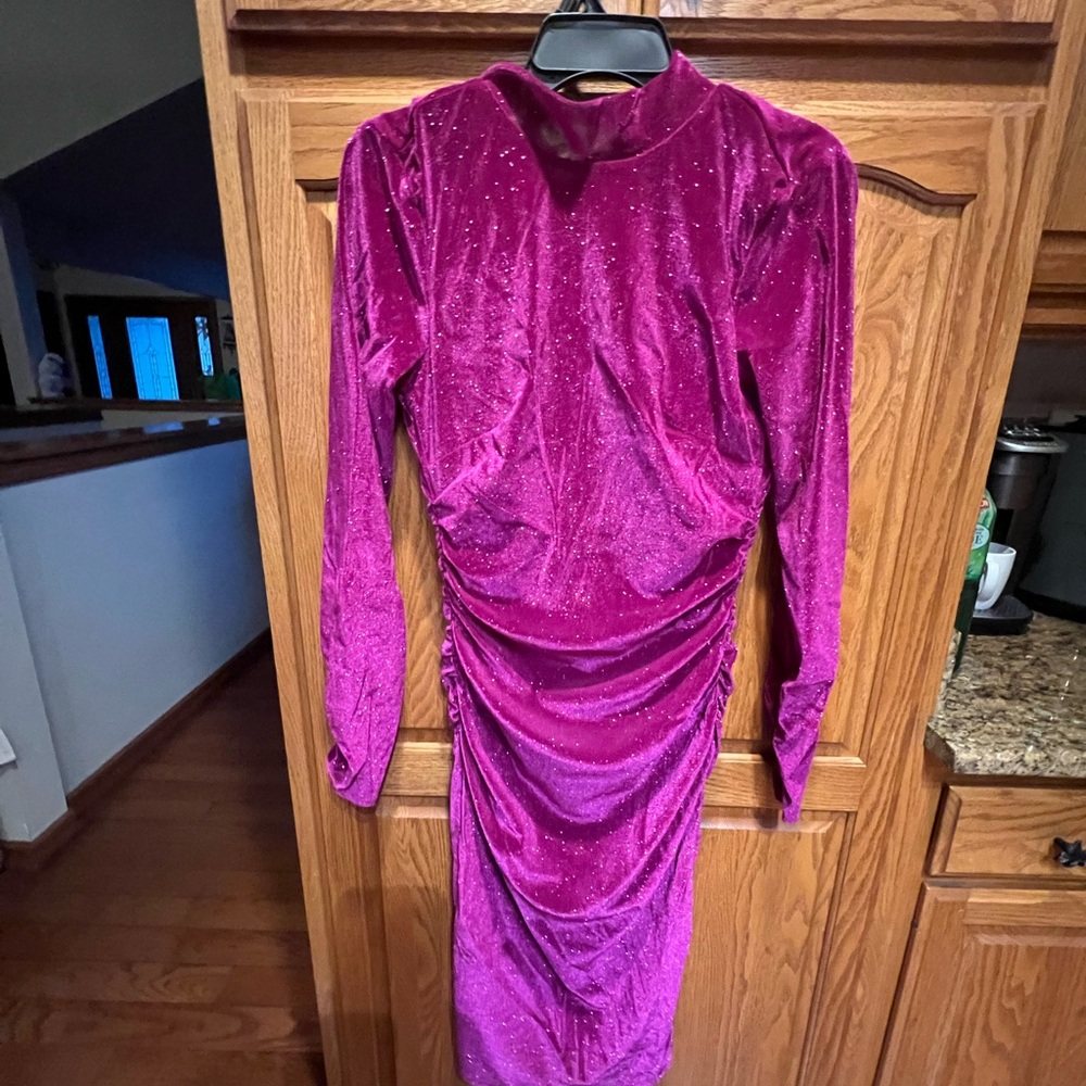 Express Ruched Long-Sleeve Dress in Fuchsia